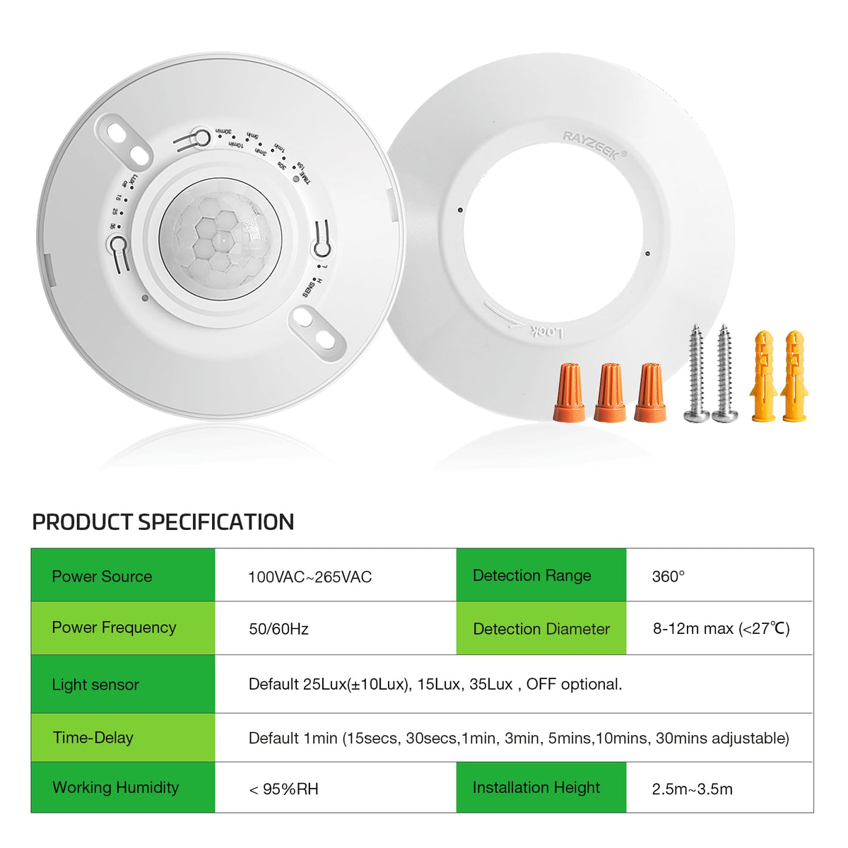 RAYZEEK 10A/120V rated switch suitable for incandescent, LED, and fans.