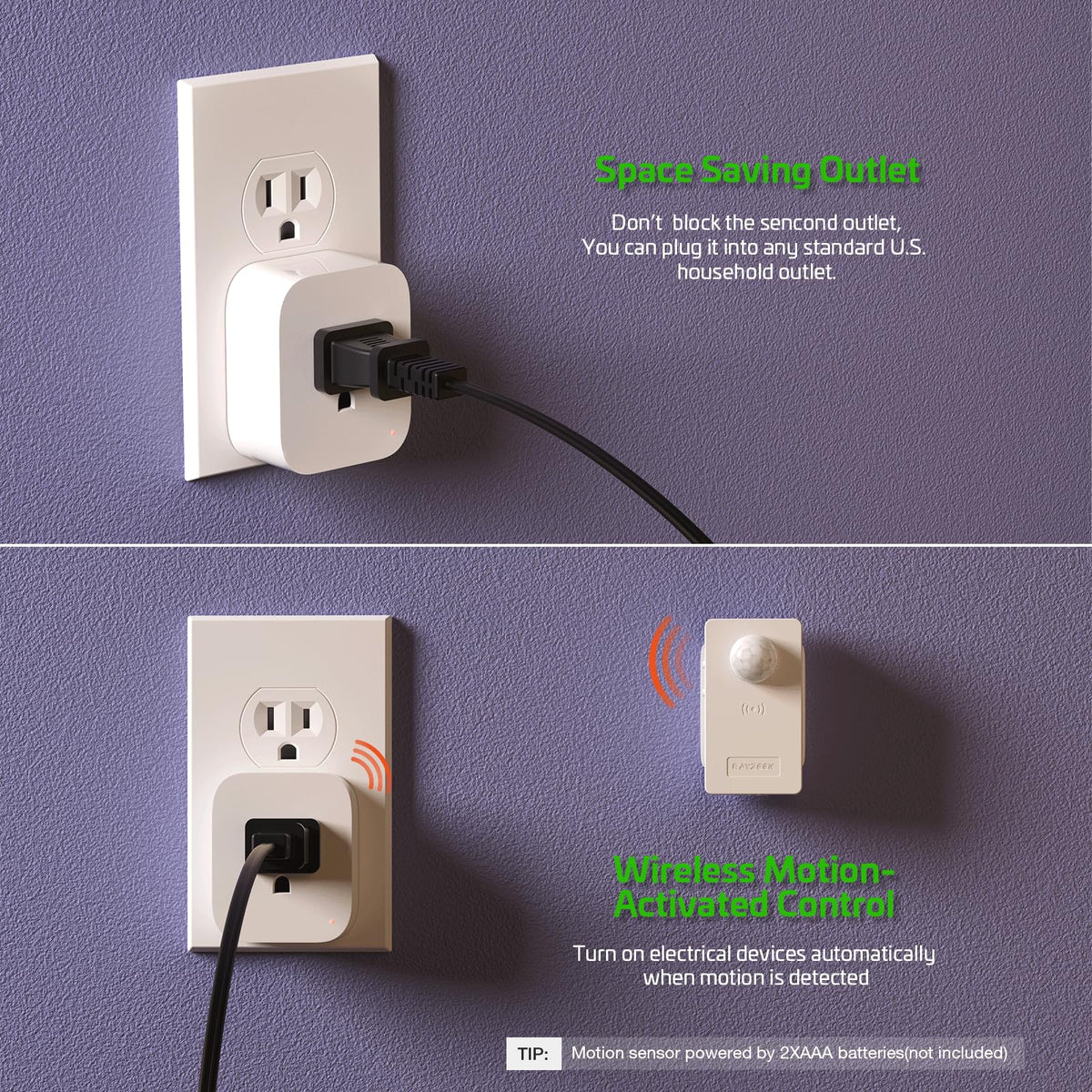 Rayzeek compact plug-in design fits standard outlets without blocking.