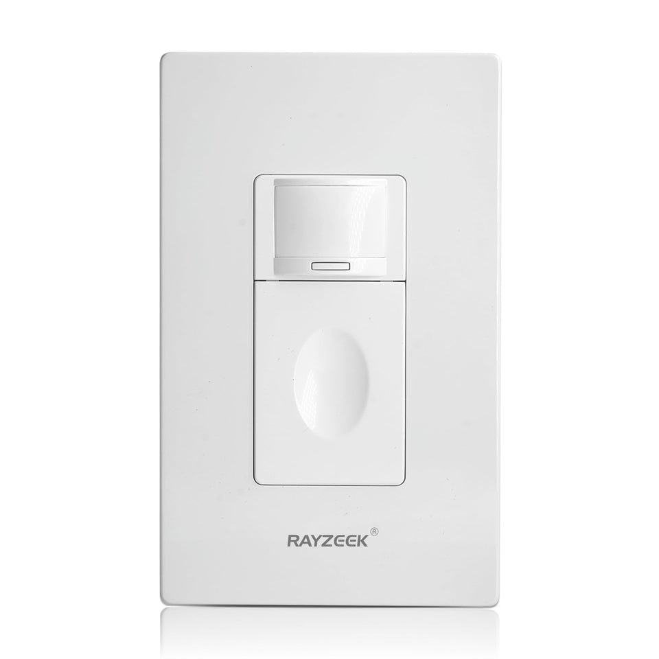 Rayzeek motion sensor switch front view shows compact, wall-mount design.