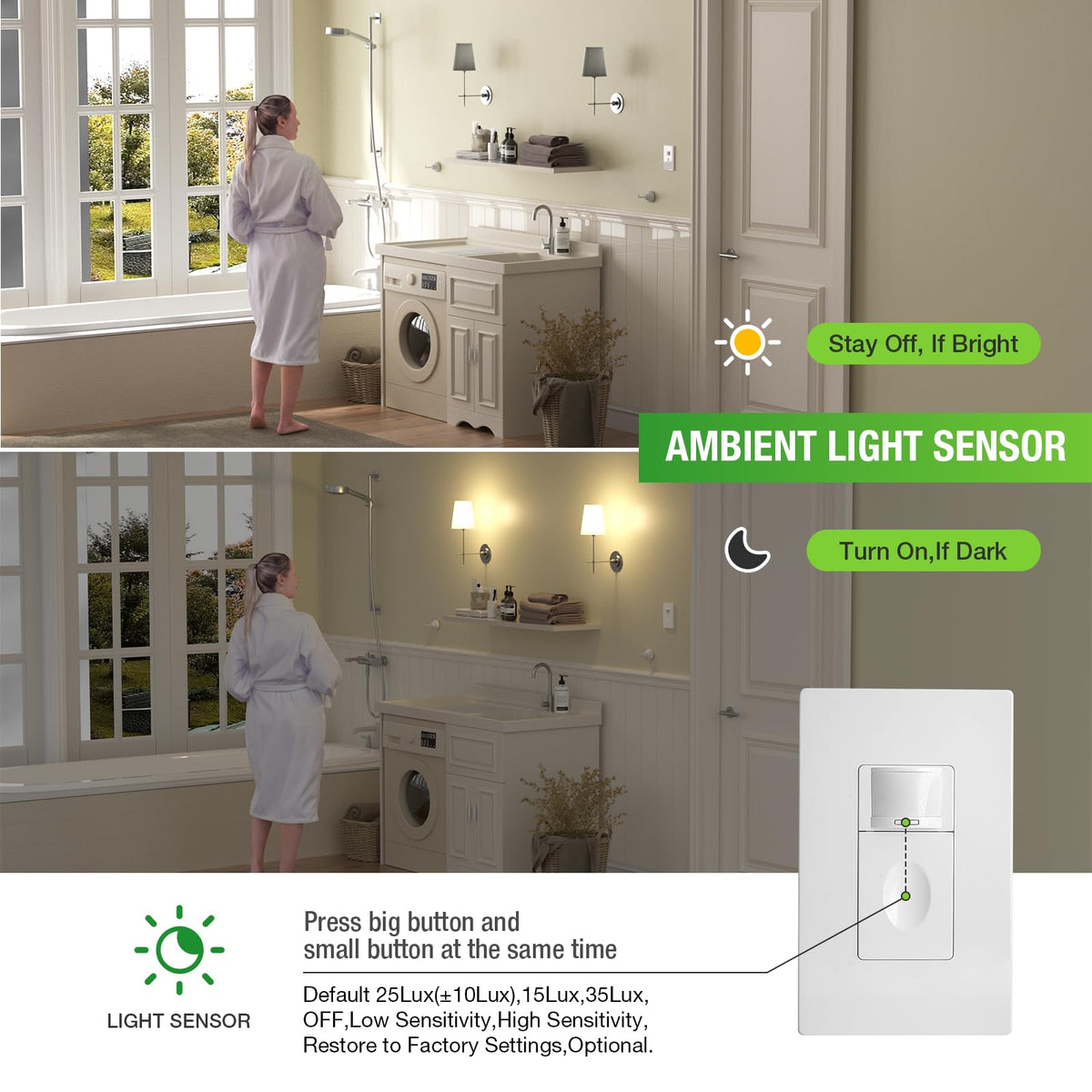 Rayzeek motion sensor switch manual on/off mode for steady lighting control.