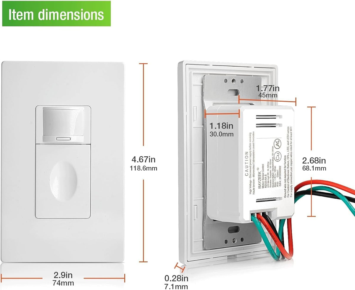 Rayzeek motion sensor switch two-wire installation reinforces neutral-free wiring.