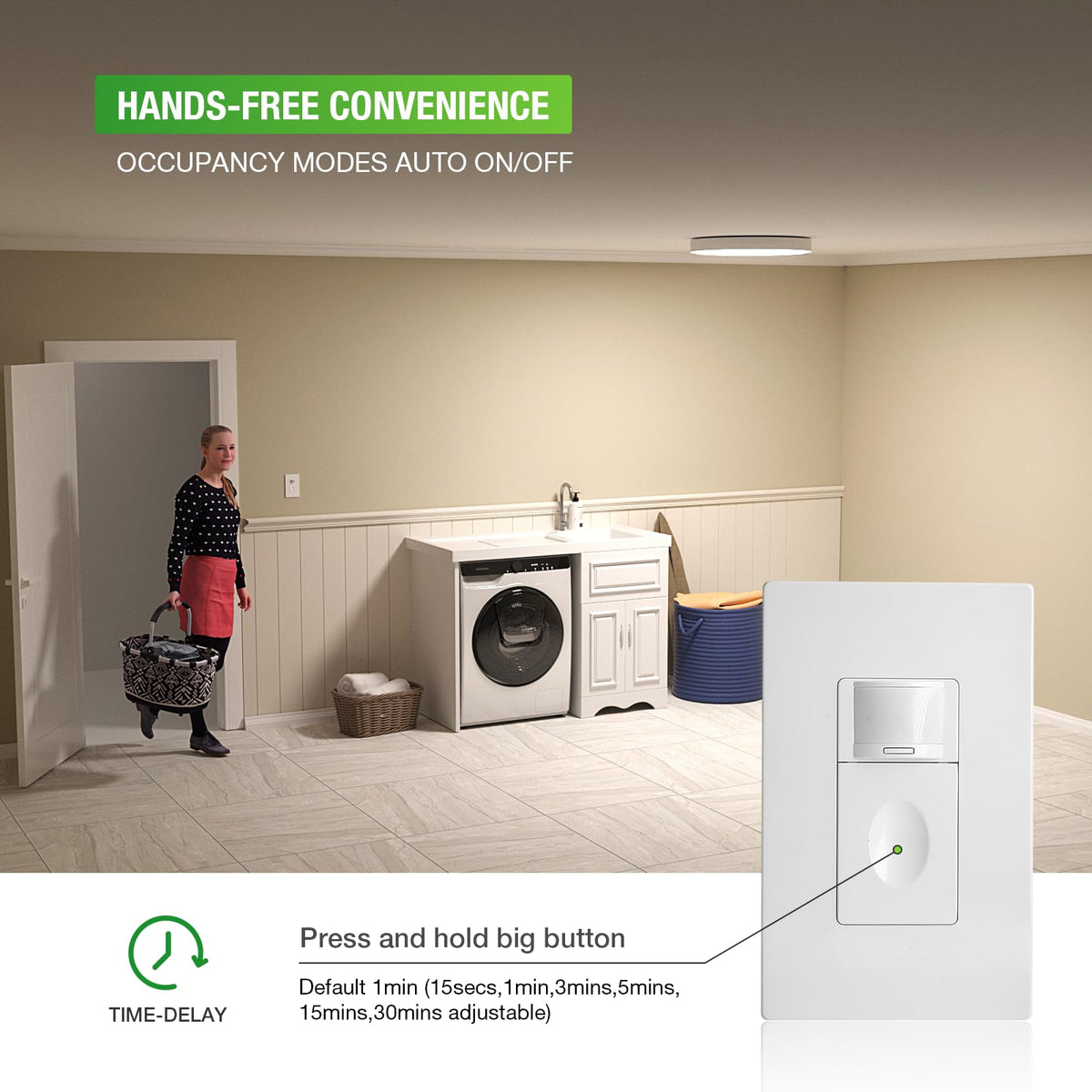 Rayzeek motion sensor switch in vacancy mode shows manual on, auto off use.