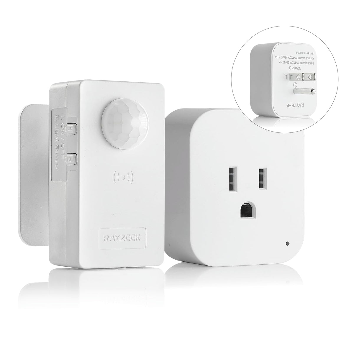Rayzeek wireless motion sensor plug kit setup shows quick plug-and-play installation.