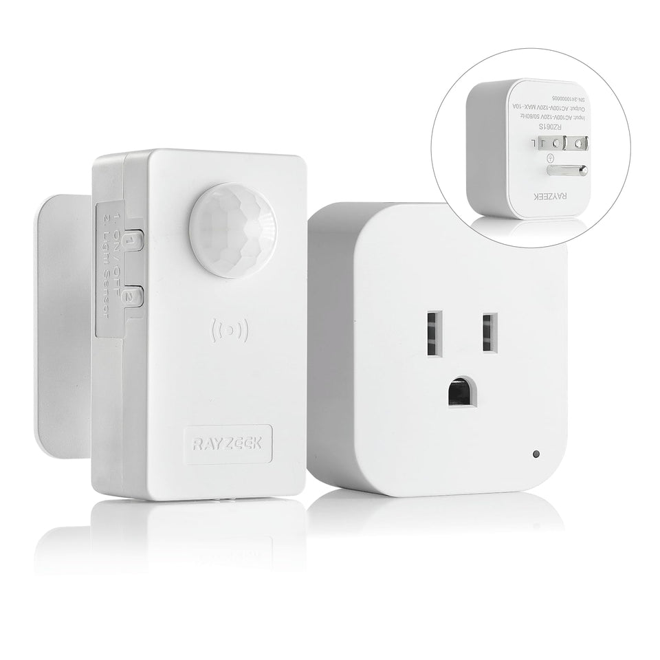 Rayzeek wireless motion sensor plug kit setup shows quick plug-and-play installation.