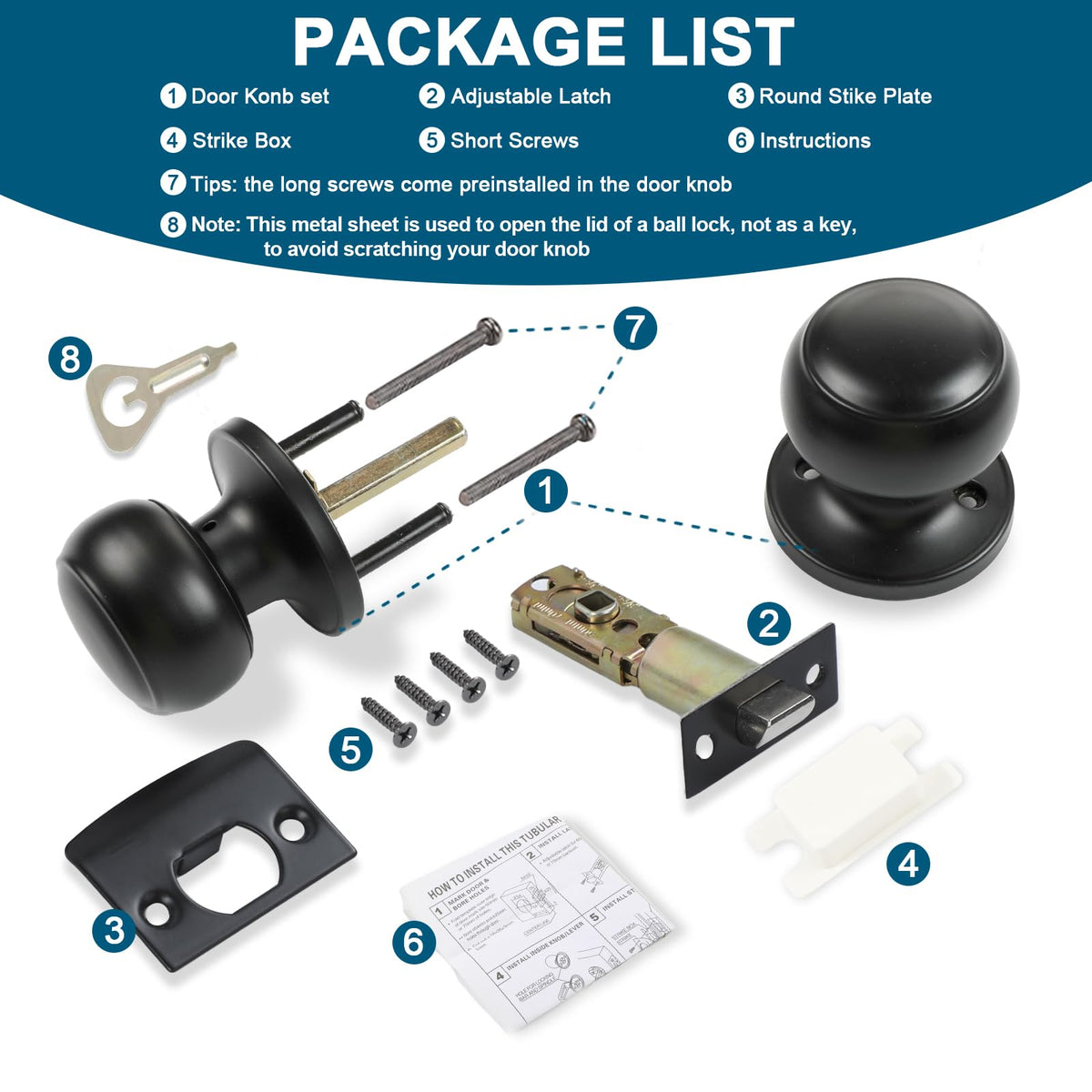 RAZCC door knob matte black interior set suitable for hallway and closet applications
