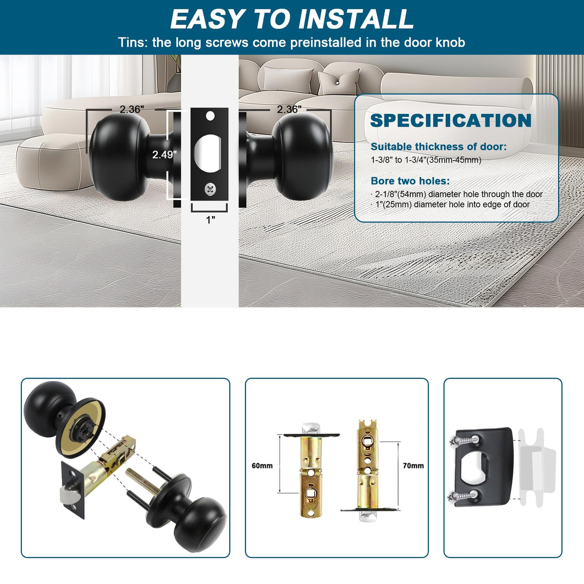 RAZCC adjustable latch for 1-3/8" to 1-3/4" doors and standard installation
