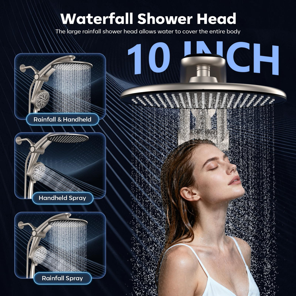 Razime adjustable stand tilting the rainfall head for comfortable positioning.