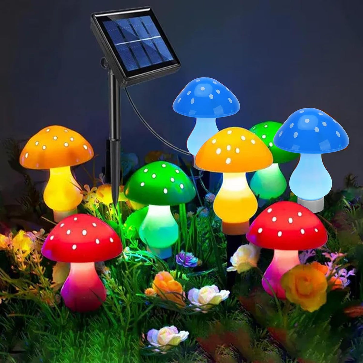 RCFINE solar mushroom lights 8-pack illuminate garden paths with warm ambient glow.