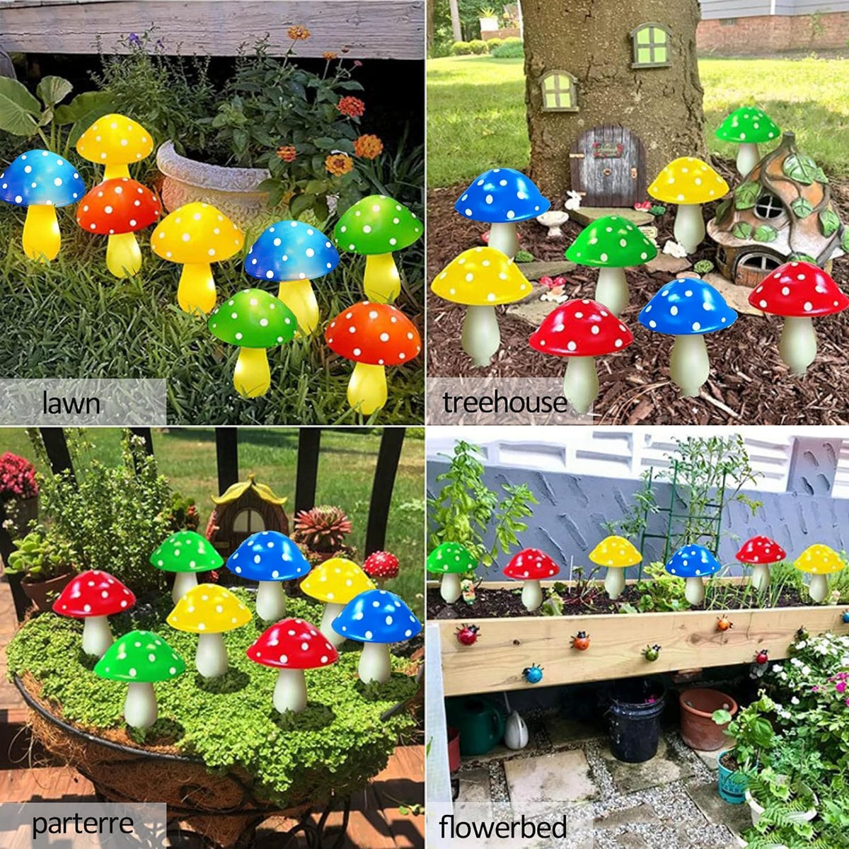 RCFINE solar panel powers the mushroom lights for wireless outdoor lighting.
