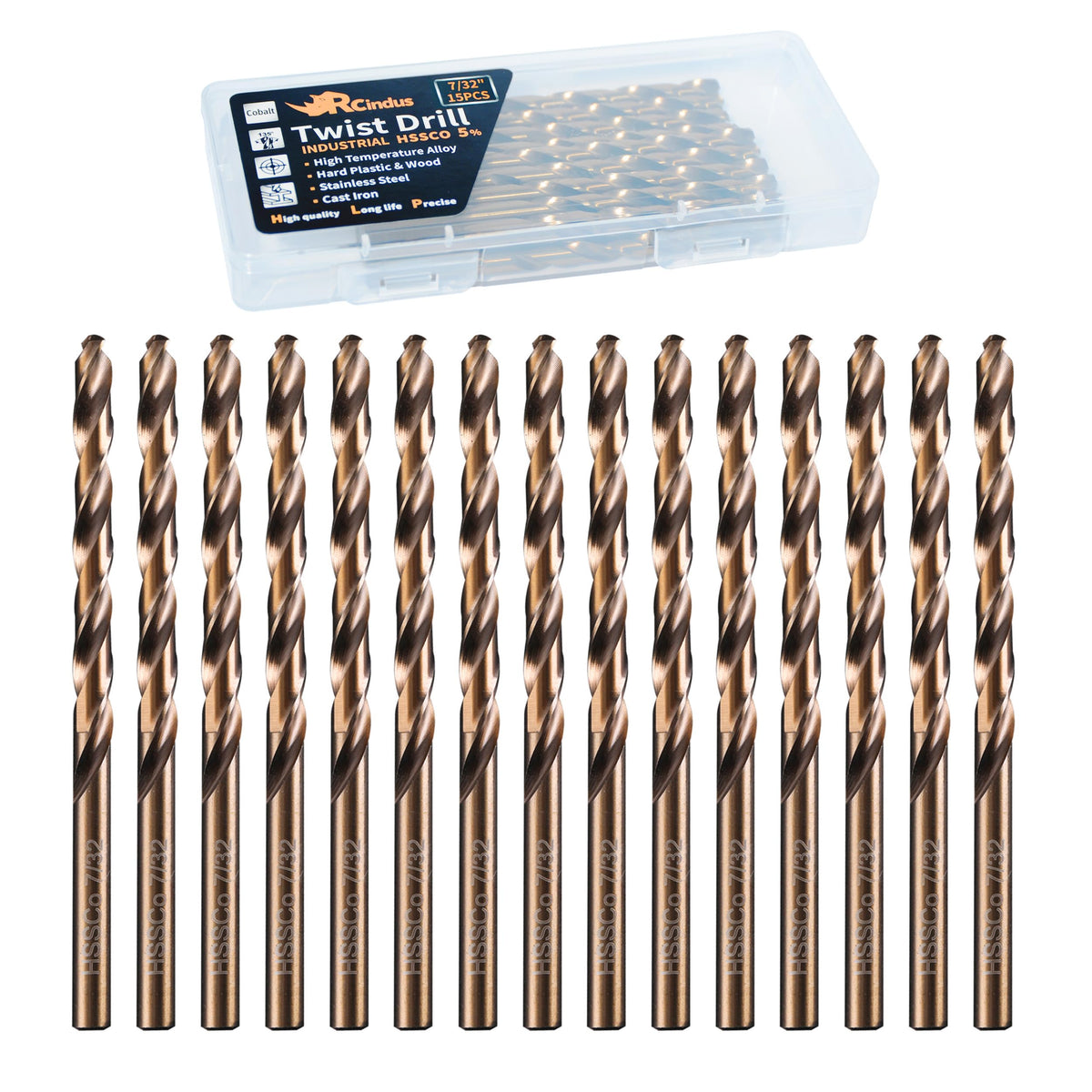 RCINDUS 15-piece cobalt drill bit set in a plastic case for organized storage