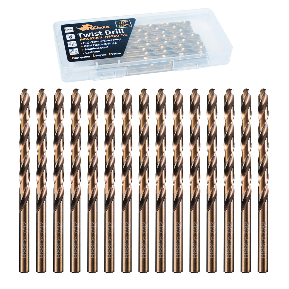 RCINDUS 15-piece cobalt drill bit set in a plastic case for organized storage