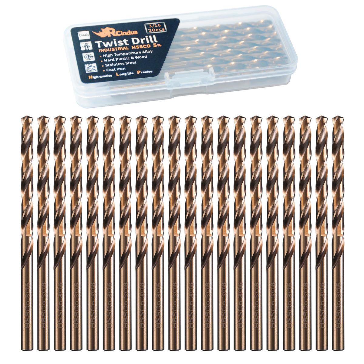 RCINDUS 3/16 inch cobalt drill bit set ready for precise metal hole starts.