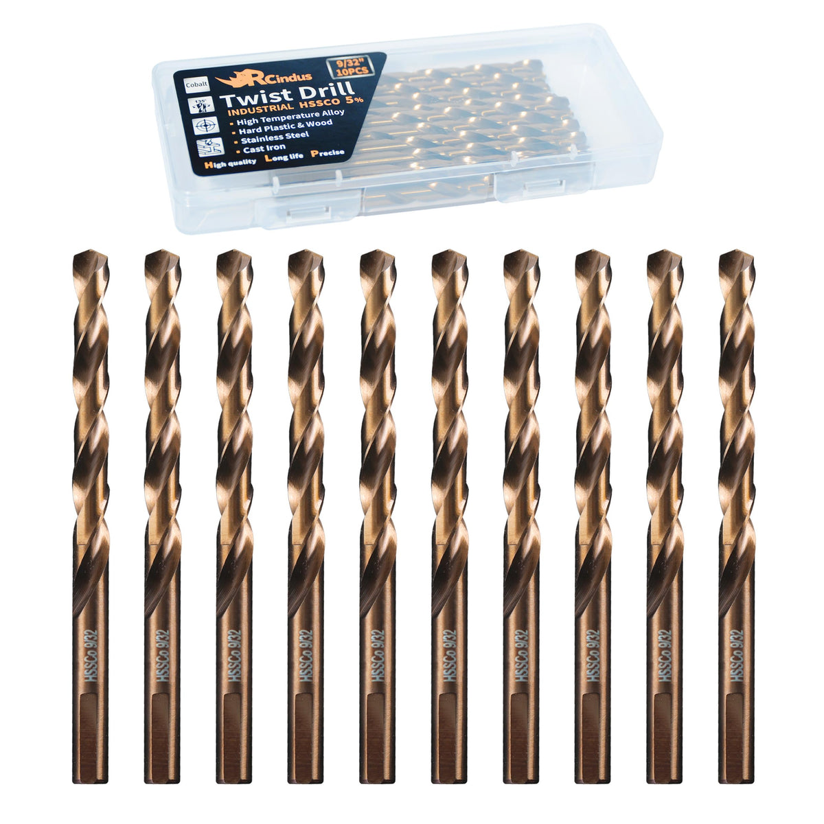RCINDUS 9/32 inch cobalt drill bit set in a 10-pack for metal drilling