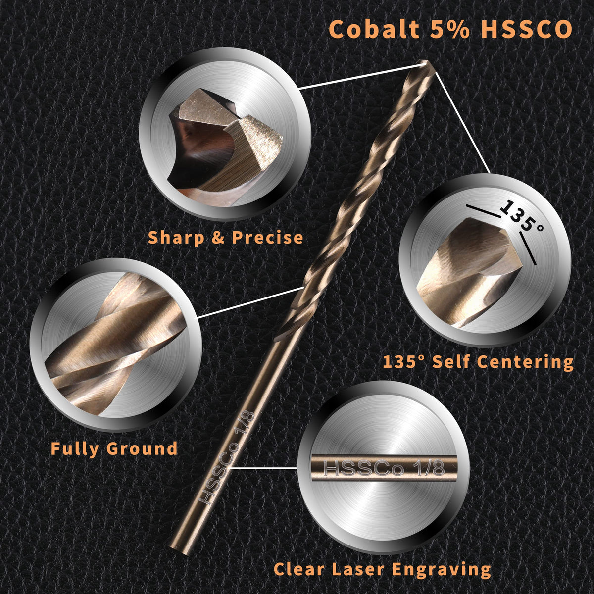 RCINDUS cobalt M35 drill bits close-up shows hard-metal drilling capability