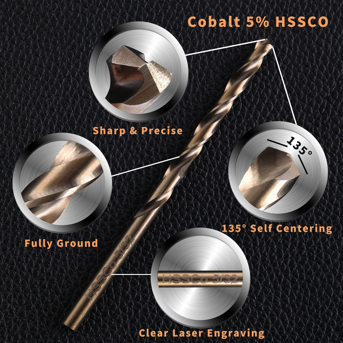 RCINDUS HSS M35 cobalt drill bits close-up showing material hardness