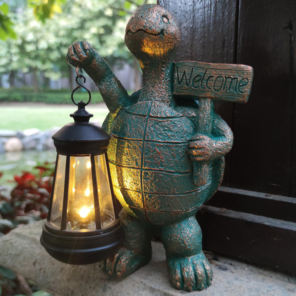 RCTTICUU Turtle garden statue with solar lantern glows softly for night-time curb appeal.