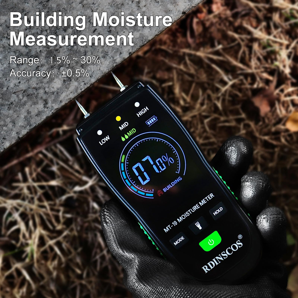 RDINSCOS digital moisture meter display close-up highlighting quick readings for home inspections.