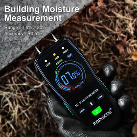 RDINSCOS digital moisture meter display close-up highlighting quick readings for home inspections.