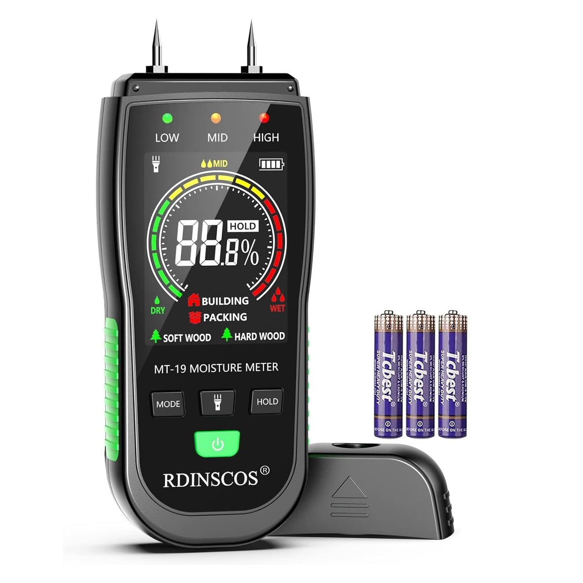 RDINSCOS digital moisture meter front view showing compact ergonomic design for one-handed use.