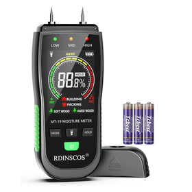 RDINSCOS digital moisture meter front view showing compact ergonomic design for one-handed use.