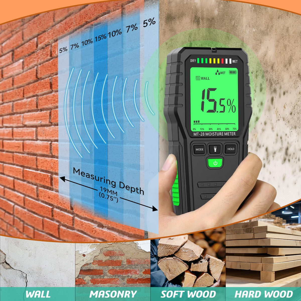 RDINSCOS moisture detector in wood panel displaying depth reading for renovations.