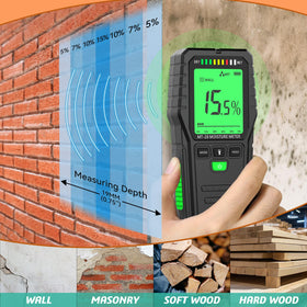 RDINSCOS moisture detector in wood panel displaying depth reading for renovations.