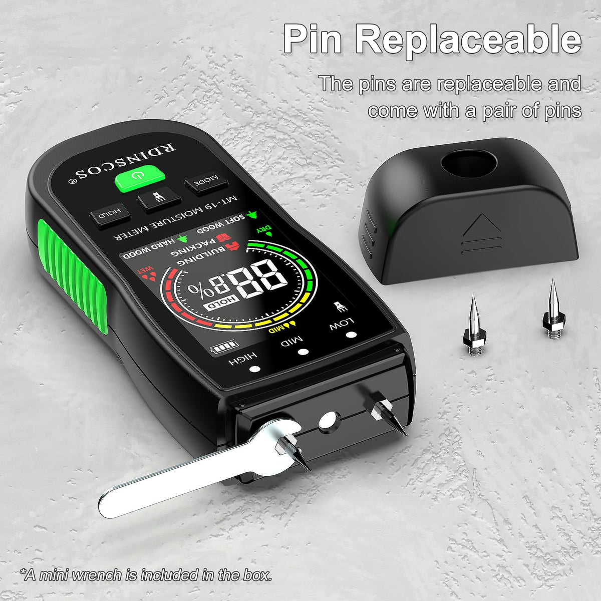 RDINSCOS moisture meter protective cap and AA battery included for immediate use.