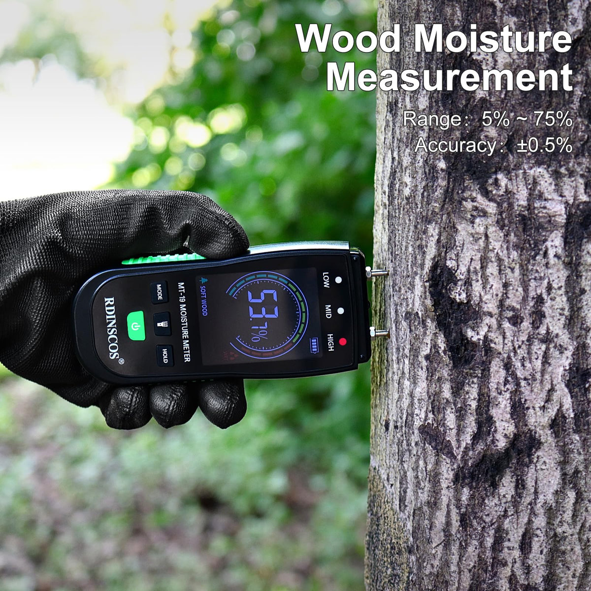 RDINSCOS pin-type moisture detector pins in wood demonstrating invasive sampling for accuracy.