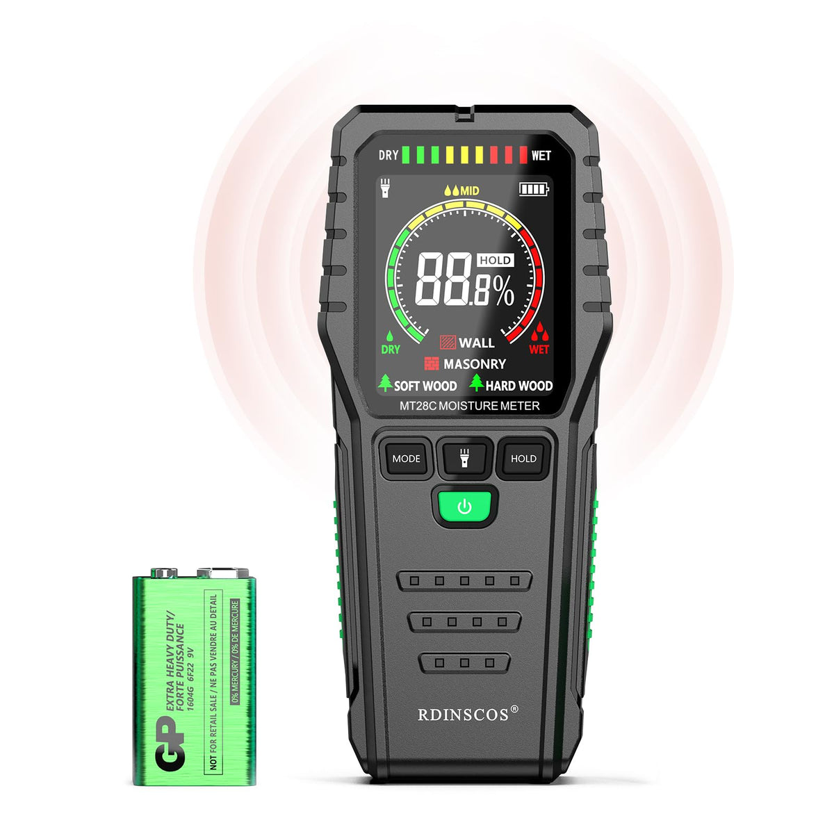 RDINSCOS Pinless Moisture Meter front view for quick, non-damaging checks.