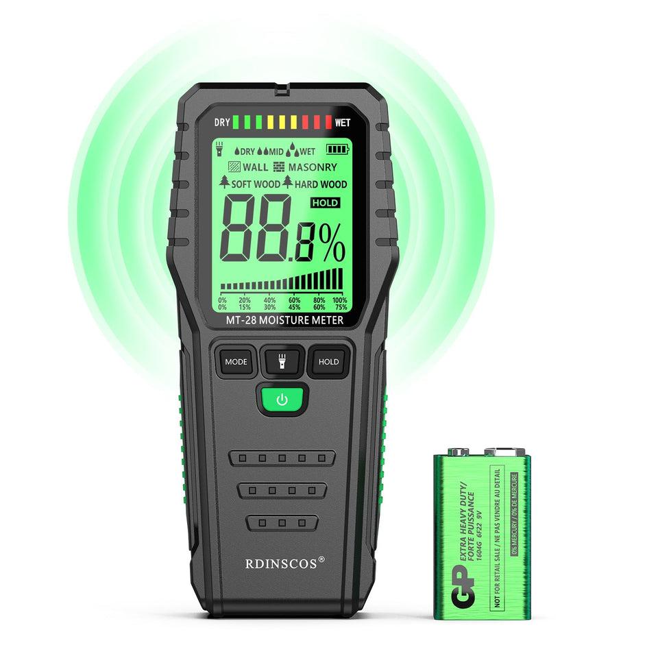 RDINSCOS pinless moisture meter on wall with digital reading for quick moisture checks.