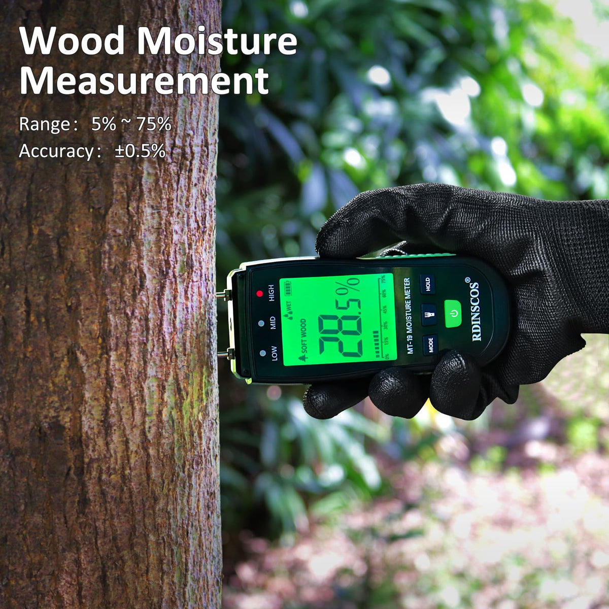 RDINSCOS Wood Moisture Meter batteries and manual included for quick setup.