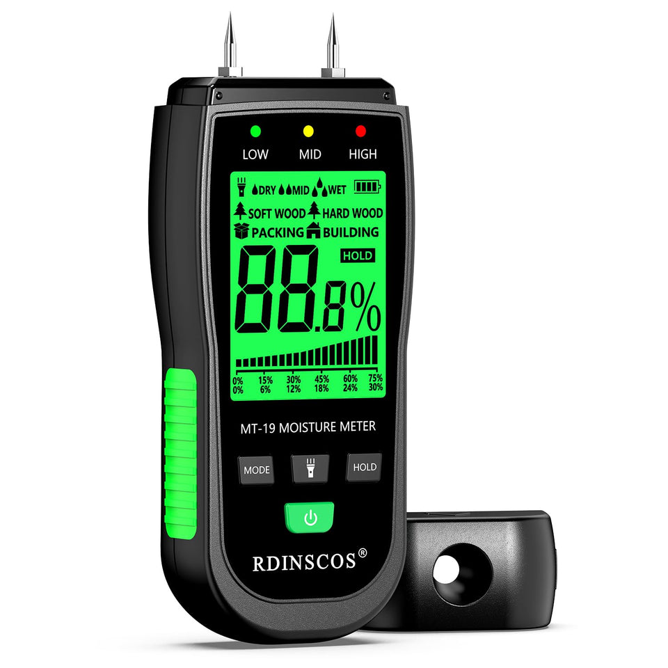 RDINSCOS Wood Moisture Meter front display shows quick, reliable readings for wood projects.
