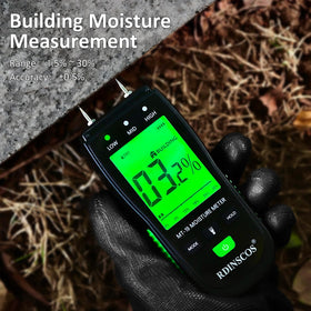 RDINSCOS Wood Moisture Meter packaging contents include batteries and a soft bag.
