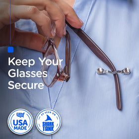 Readerest crystal-design eyeglass clip securely holds eyewear while active.