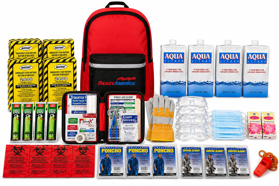 Ready America 70380 backpack with emergency kit for family disaster readiness.