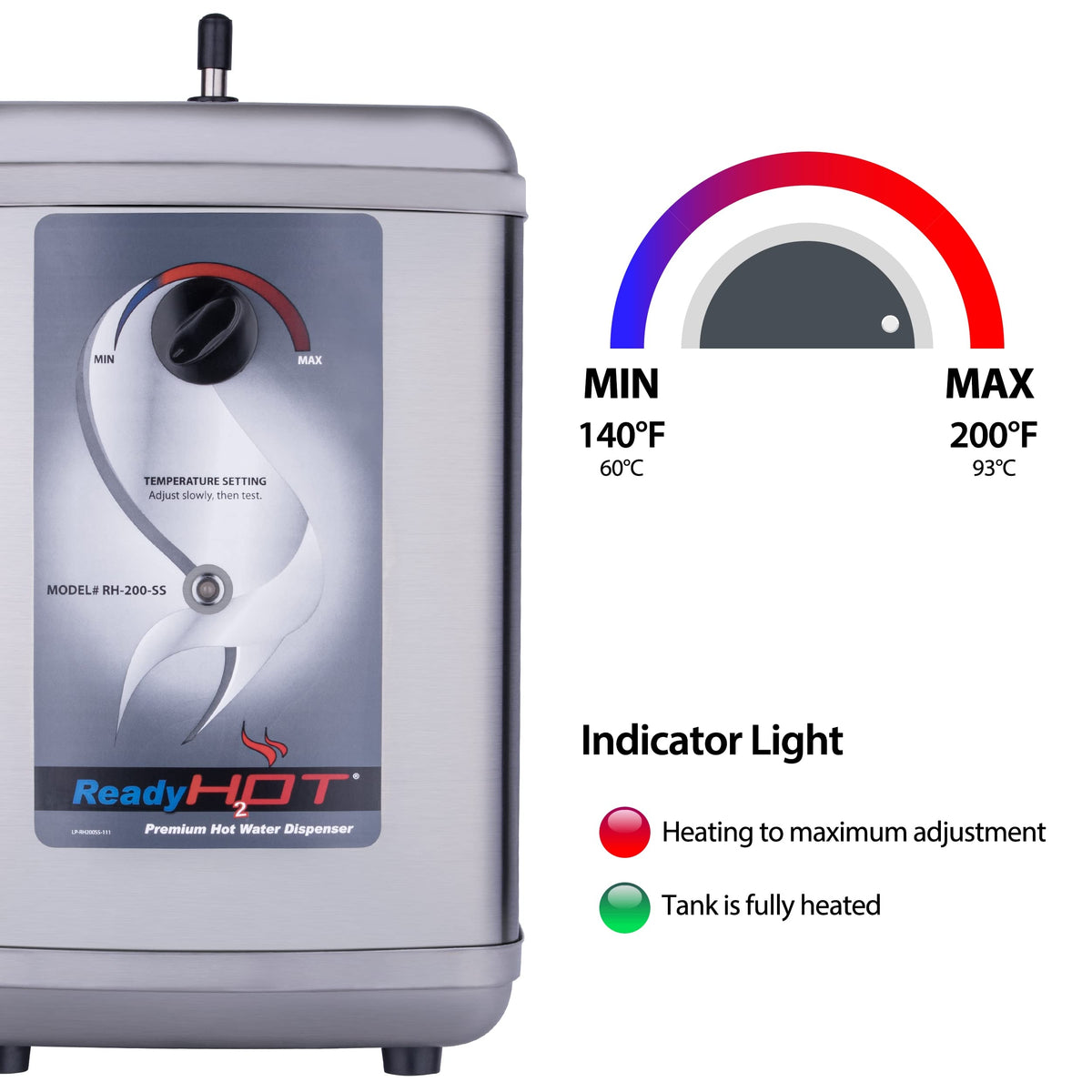 Stainless-steel heating element powering fast hot water recovery.