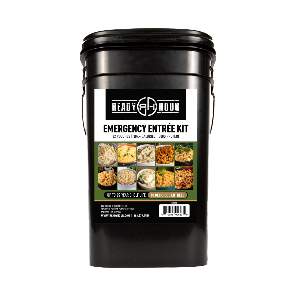 Ready Hour 120-serving entree bucket demonstrates durable packaging for long-term storage.