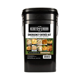 Ready Hour 120-serving entree bucket demonstrates durable packaging for long-term storage.