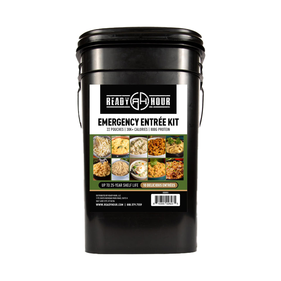 Ready Hour 120-serving entree bucket demonstrates durable packaging for long-term storage.