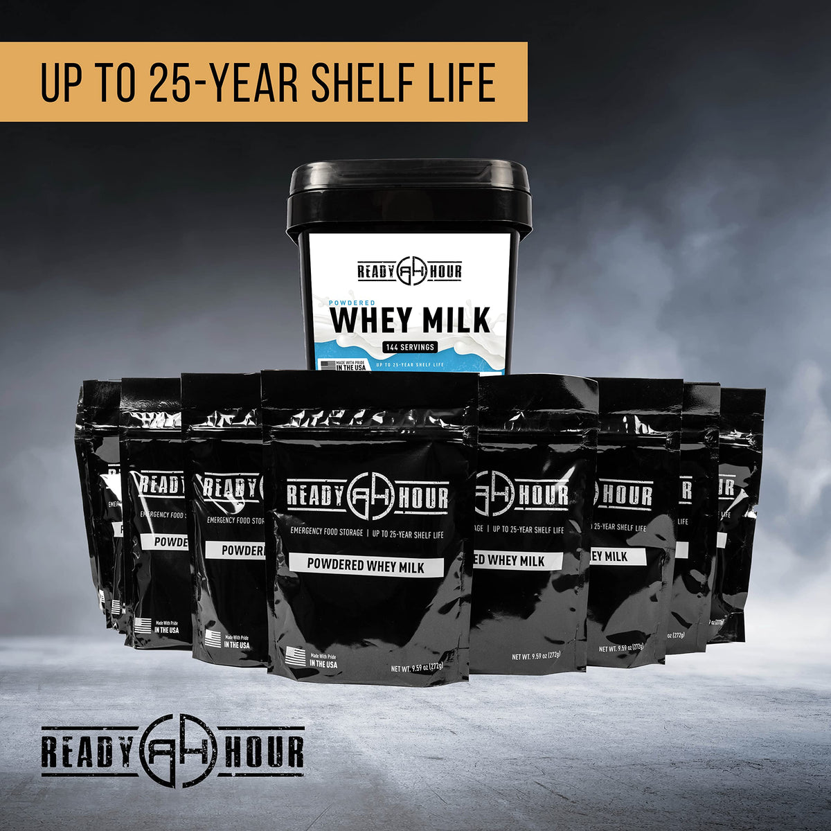 Ready Hour milk powder with up to 25-year shelf life stored safely.