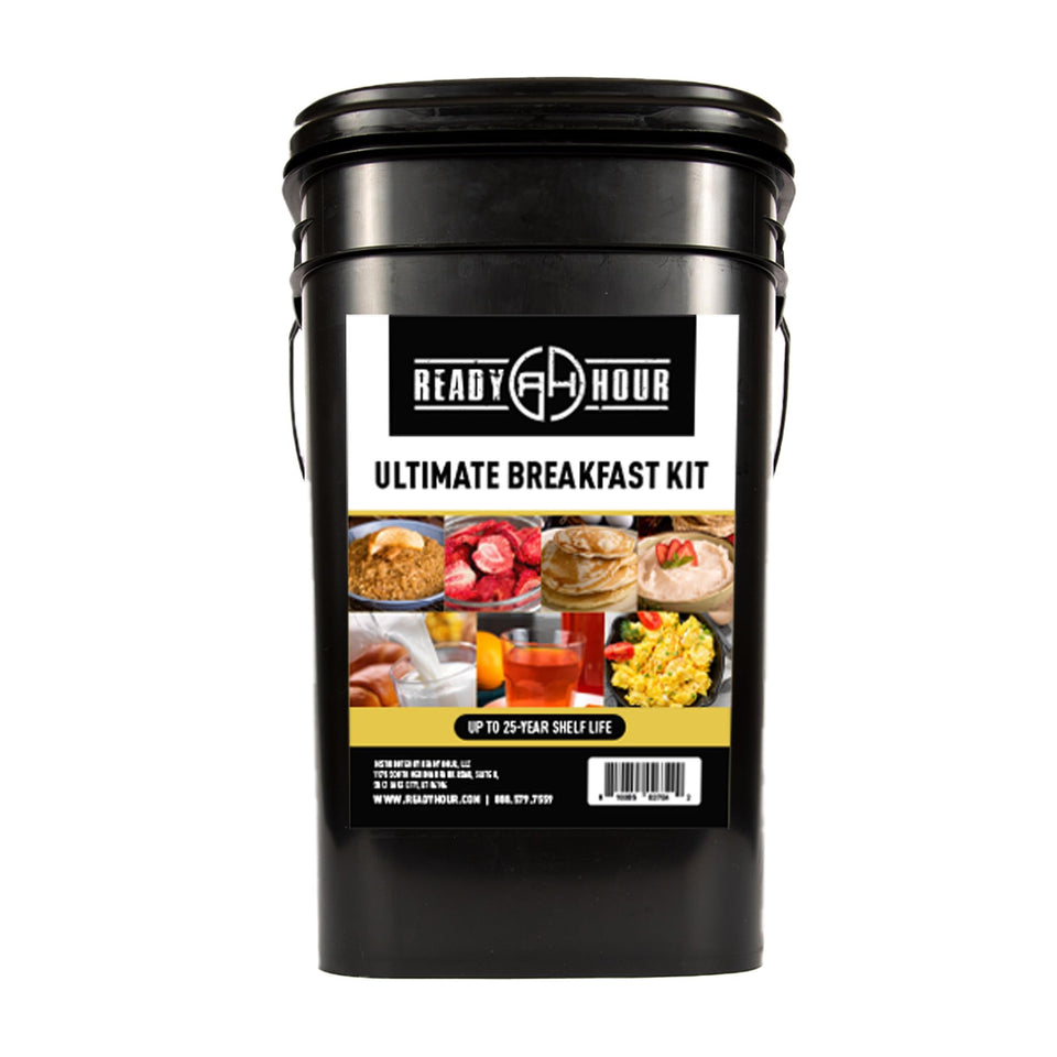 Ready Hour breakfast bucket packaging showing sturdy storage for emergencies