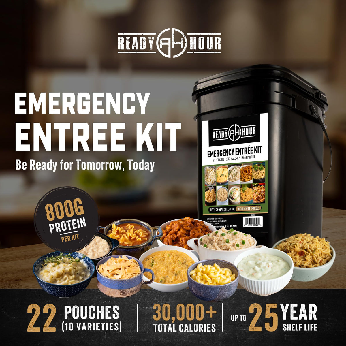 Ready Hour freeze-dried meals packaging shows portability for camping or hiking.