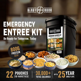 Ready Hour freeze-dried meals packaging shows portability for camping or hiking.