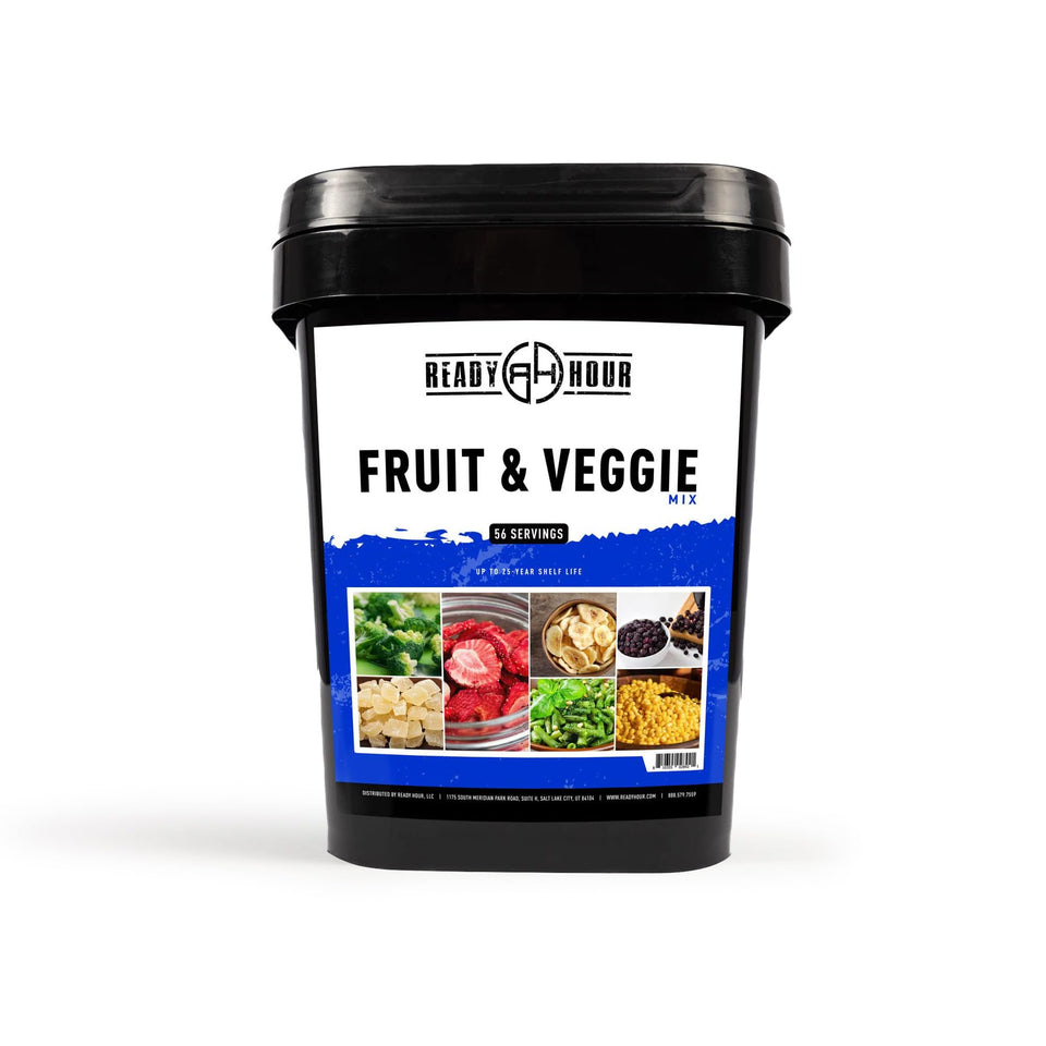 Ready Hour Fruit & Veggie Mix in a durable container for long-term, no-refrigeration storage.