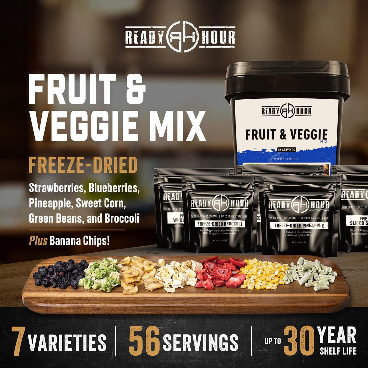 Ready Hour Fruit & Veggie Mix packaging closeup highlighting resealable pouches.