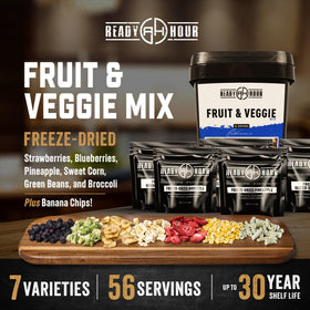 Ready Hour Fruit & Veggie Mix packaging closeup highlighting resealable pouches.