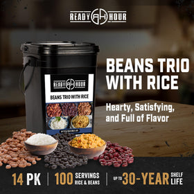 Ready Hour quadruple-wrapped pouches inside bucket illustrate long-term storage and quick meals.