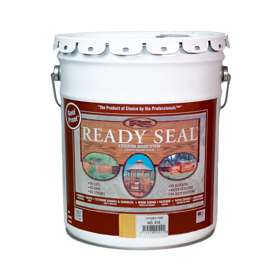 Ready Seal 510 exterior stain Golden Pine bottle highlights deep color for outdoor wood protection