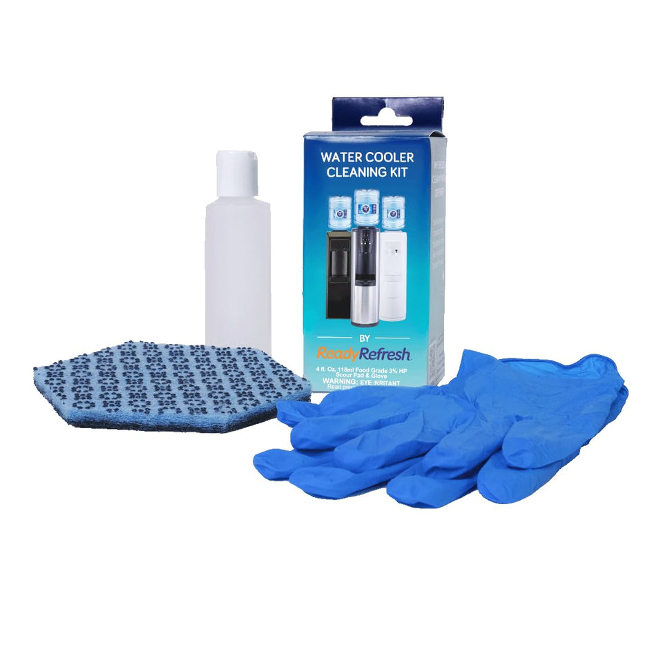 ReadyRefresh water cooler cleaning kit packaging with components for easy quarterly maintenance