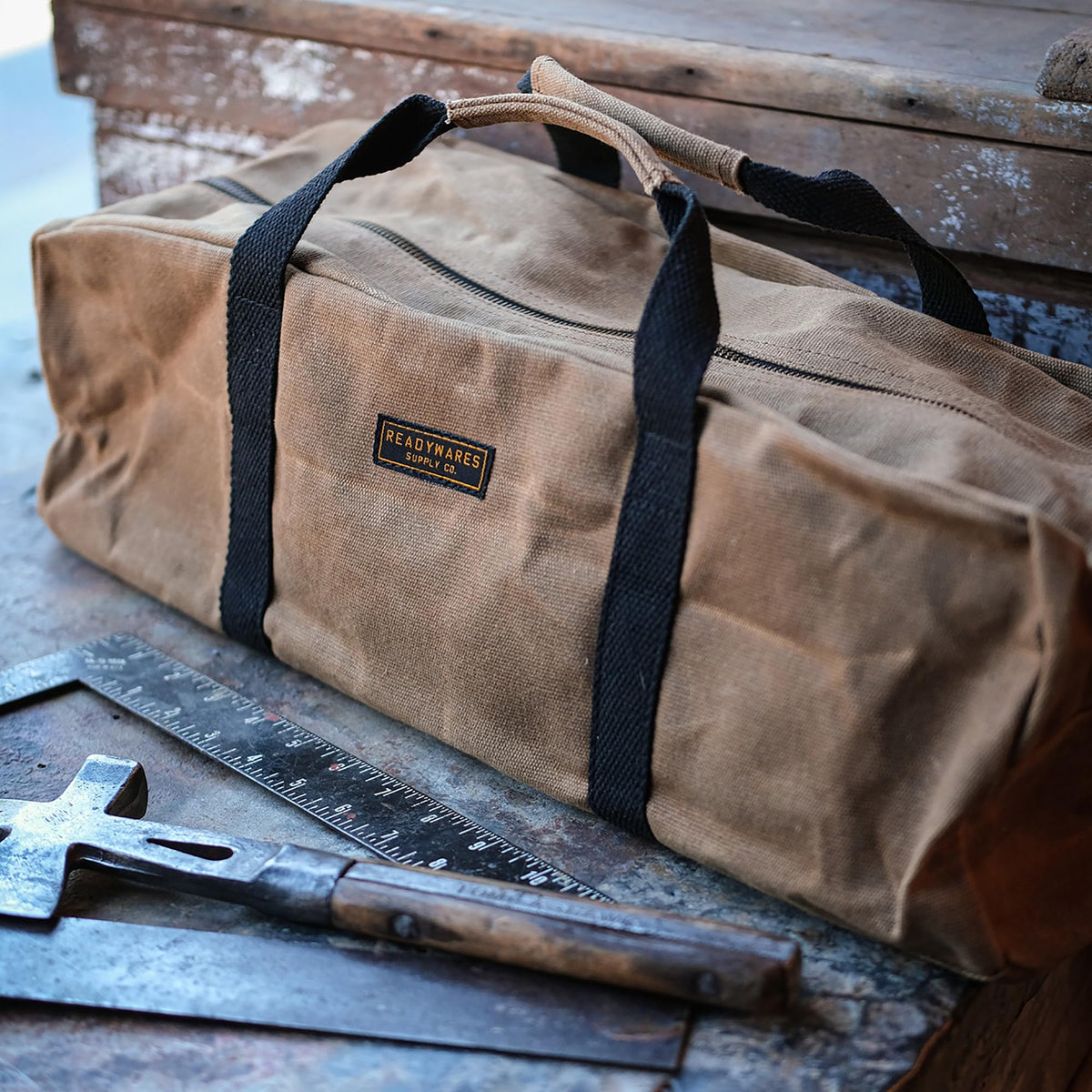 Readywares large 20 with tools closeup emphasizes durable waxed canvas.